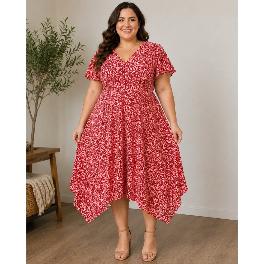 Estelle Red Floral Handkerchief Hem Wrap Midi Dress Size 2X V-Neck Short Sleeve